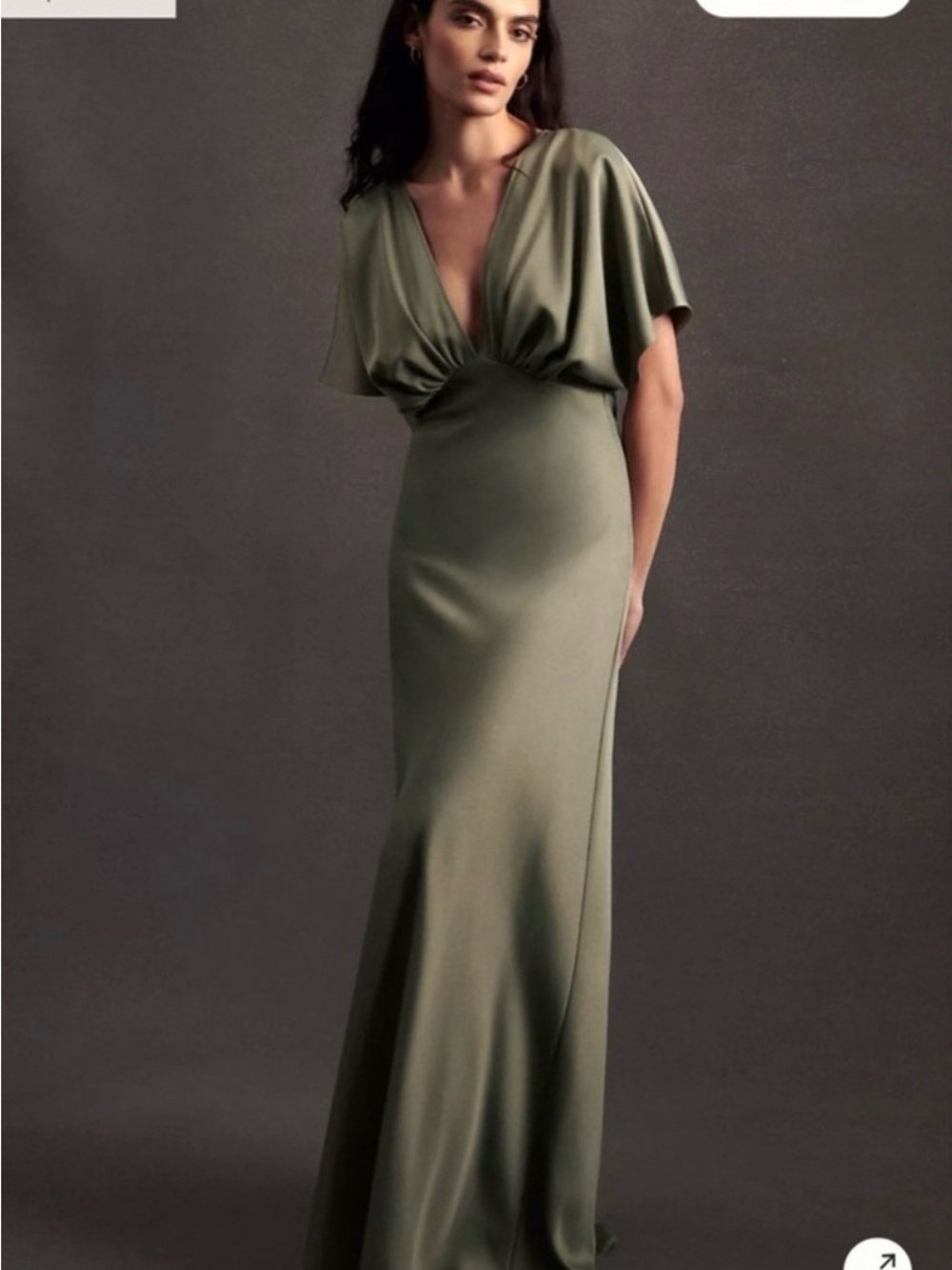 BHLDN LEILA DEEP-V
FLUTTER-SLEEVE SATIN A-LINE GOWN Moss Sage Green Size 4